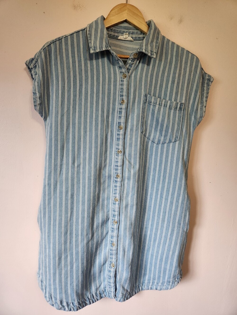 Blu Pepper 100% Lyocell Chambray Striped Button Down Tunic Dress Size S EUC